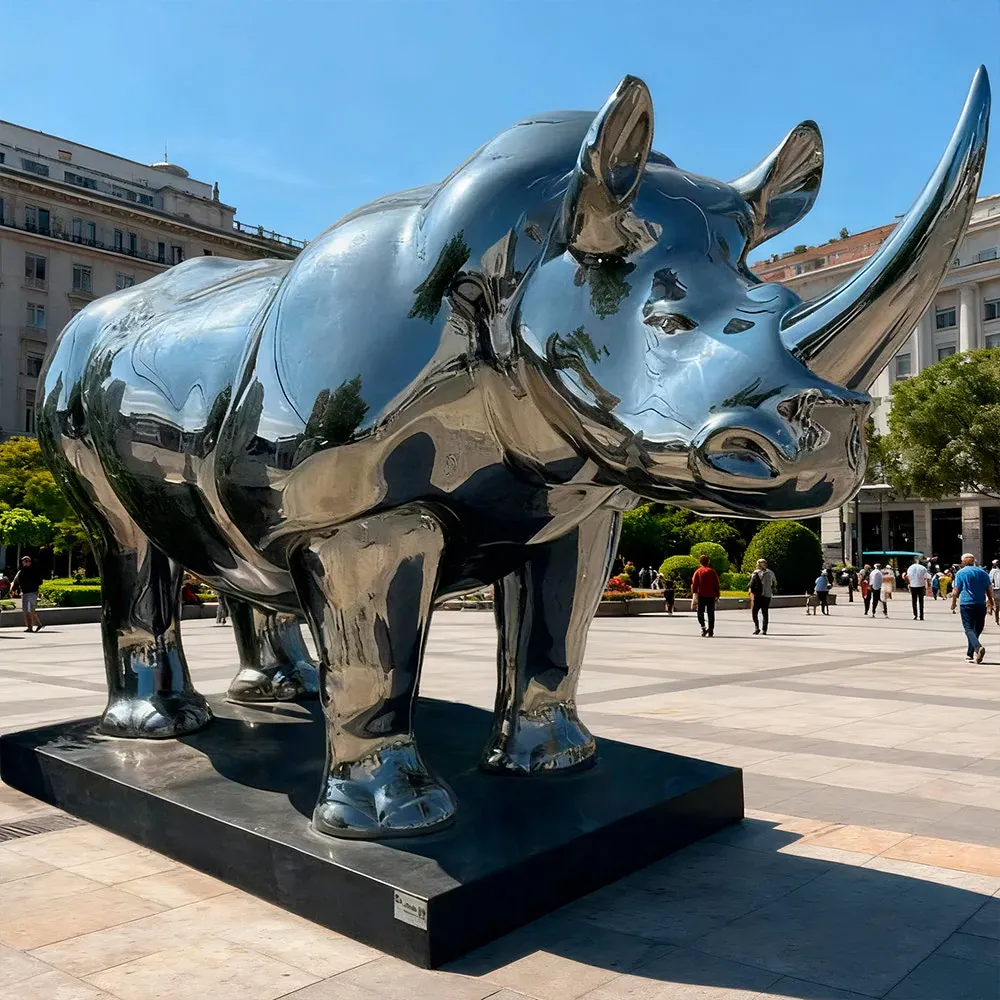 Mirror stainless steel rhinoceros sculpture
